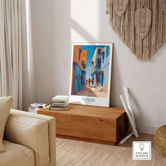 Tunisia Poster - North Africa Wall Art - Old Town Home Decor displayed in a stylish living room setting.