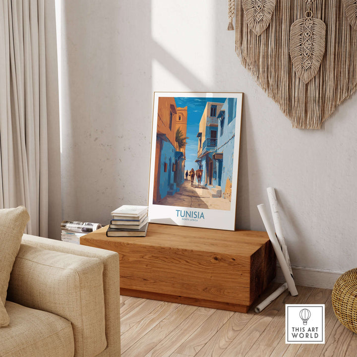 Tunisia poster depicting vibrant old town architecture, enhancing cozy home decor with North Africa charm.