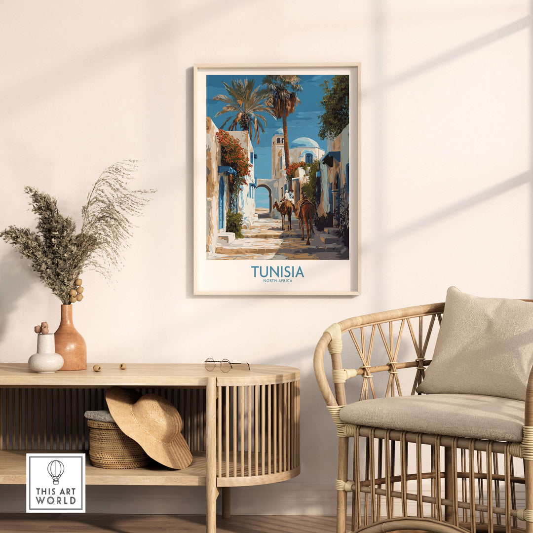 Tunisia poster featuring camels in a vibrant North Africa landscape, displayed in a cozy living room setting.