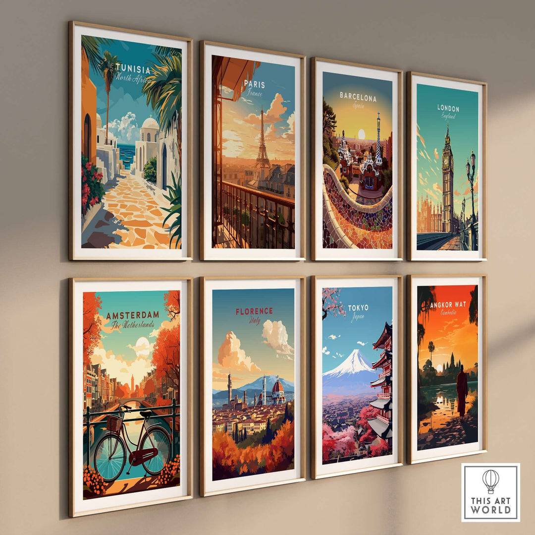 Gallery of colorful city posters featuring Tunisia, Paris, Barcelona, London, Amsterdam, Florence, Tokyo, and Angkor Wat.