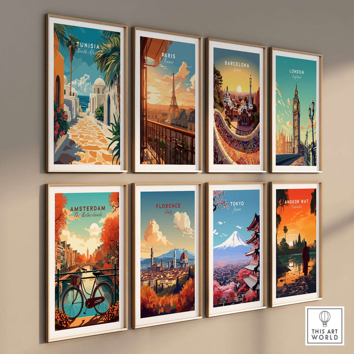 Gallery of colorful city posters featuring Tunisia, Paris, Barcelona, London, Amsterdam, Florence, Tokyo, and Angkor Wat.