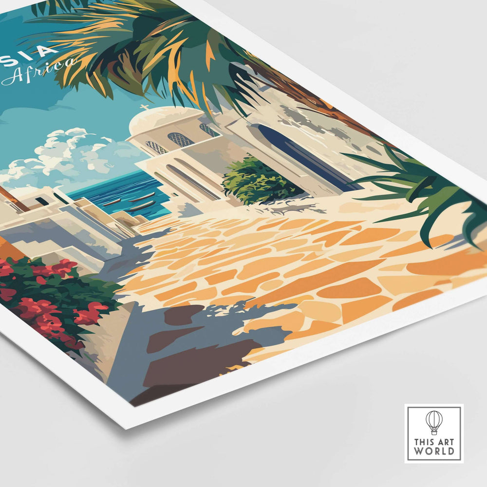 Sidi Bou Said art print featuring vibrant Mediterranean architecture and coastal scenery.