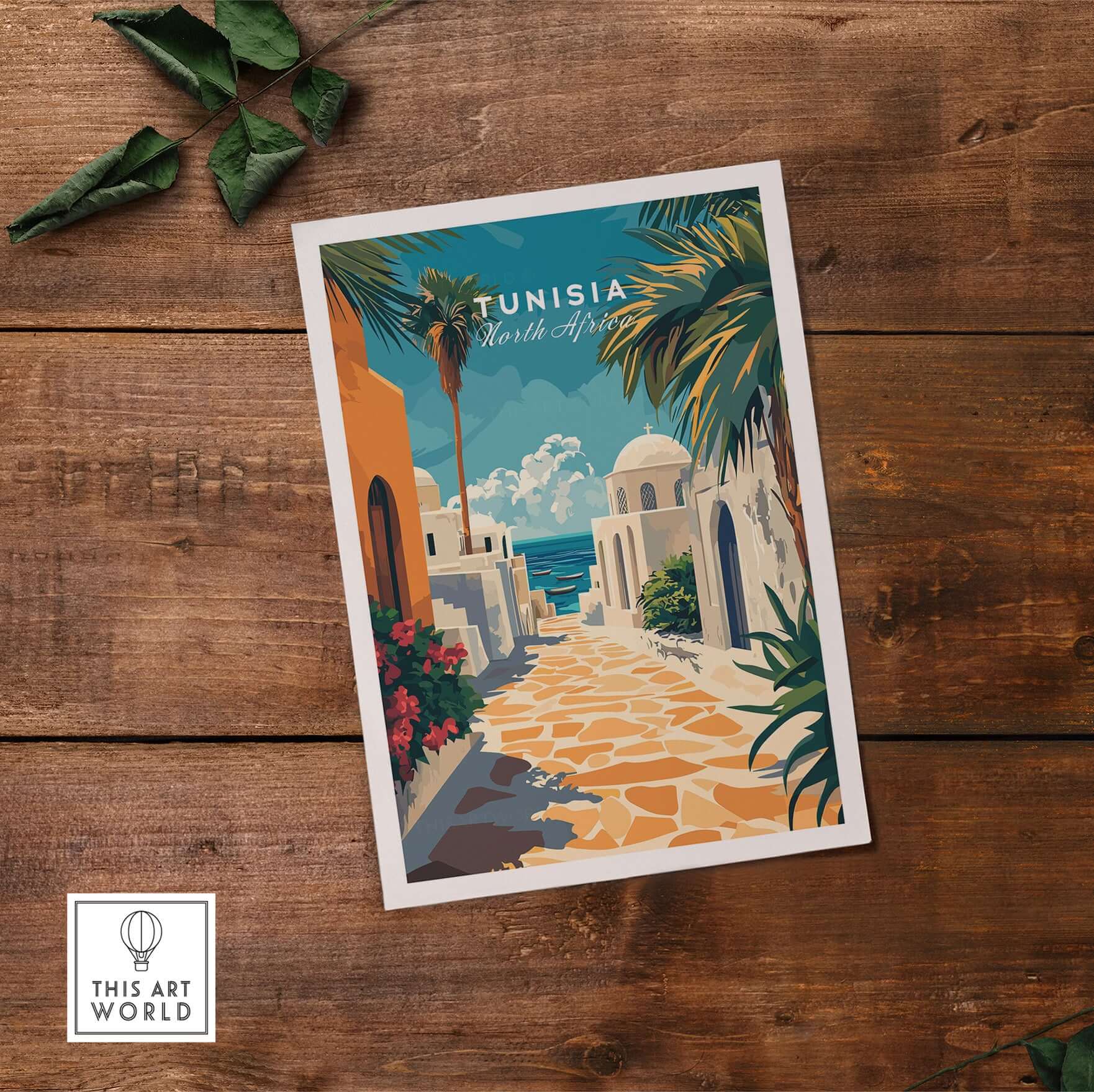Tunisia Poster - Sidi Bou Said Art Print - Tunisian Wall Art - Mediterranean Home Decor on wooden surface