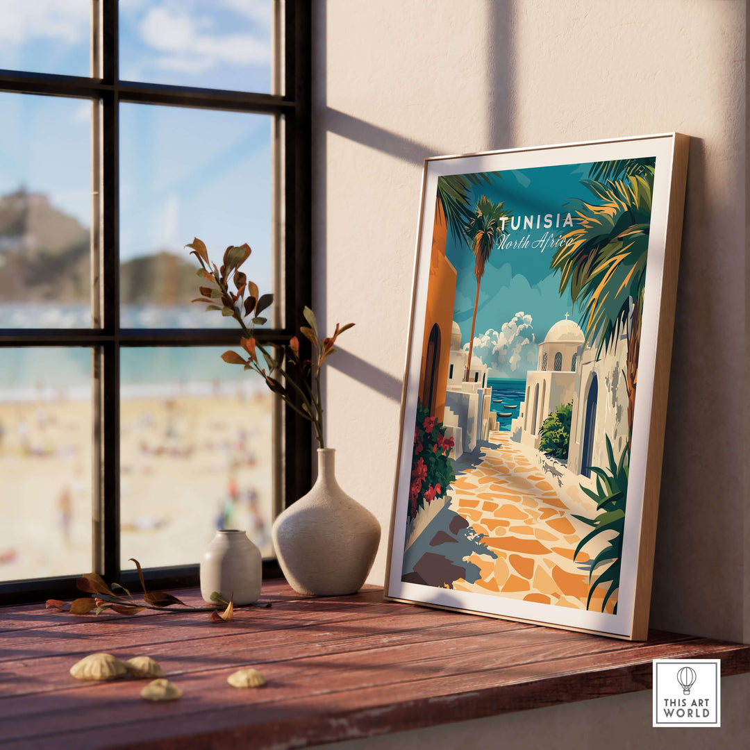 Sidi Bou Said Tunisia art print displayed on a windowsill, showcasing Mediterranean style and vibrant coastal scenery.