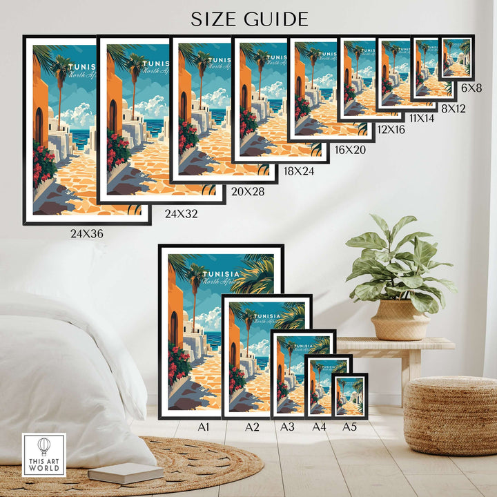 Size guide for Tunisia Sidi Bou Said art print showcasing various frame sizes with coastal decor.