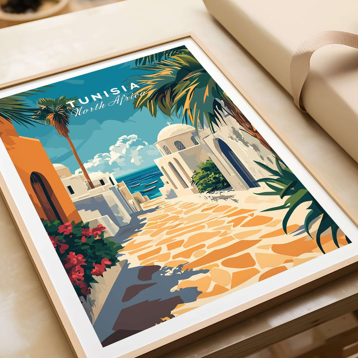 Art print of Sidi Bou Said, Tunisia, showcasing white architecture and vibrant Mediterranean scenery.