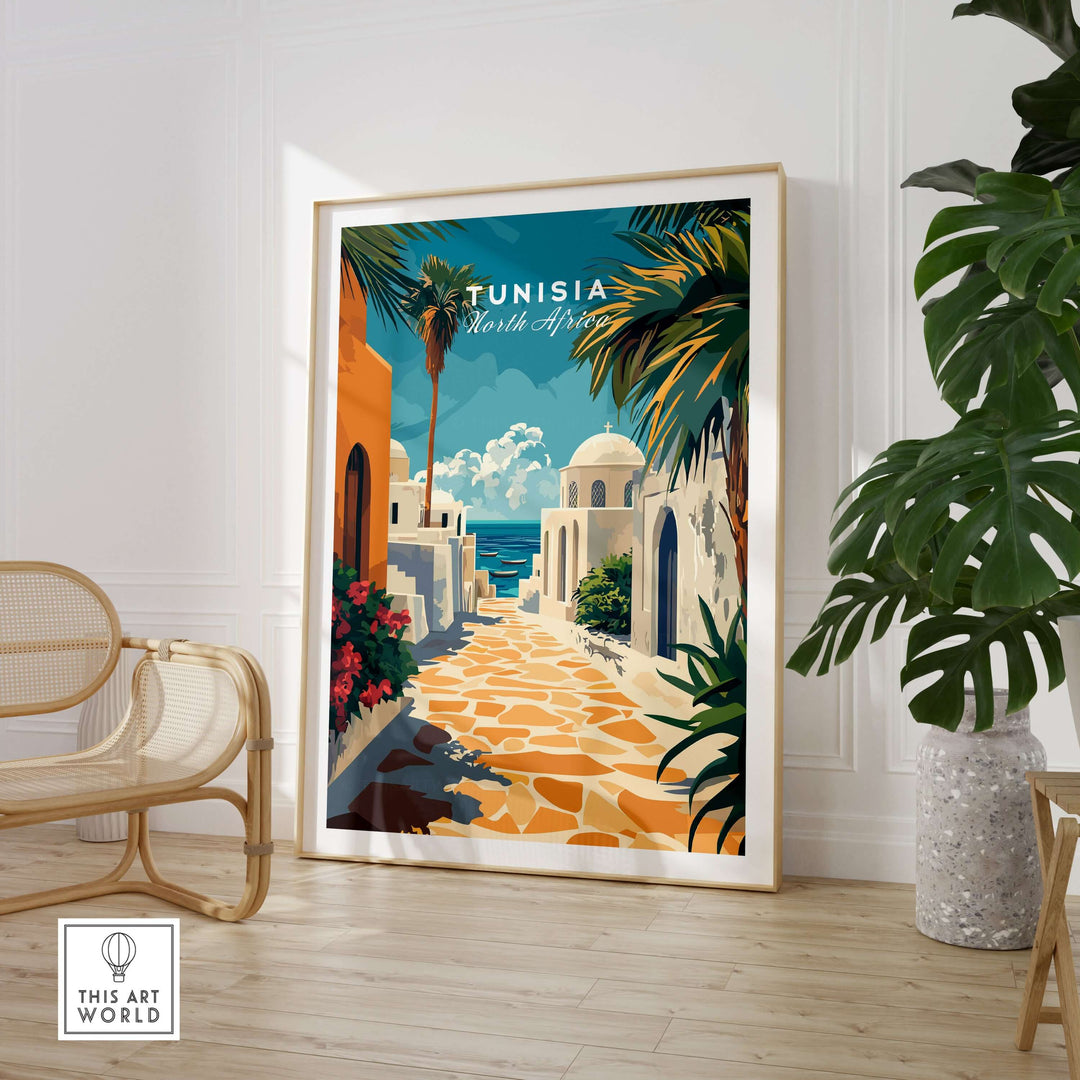 Tunisia art print featuring Sidi Bou Said's iconic architecture, ideal Mediterranean home decor.