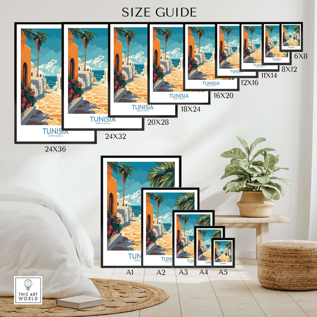Size guide for Tunisia poster featuring blue and white wall decor, showcasing various frame sizes.