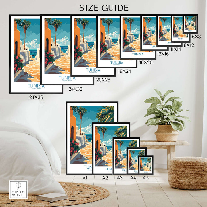 Size guide for Tunisia poster featuring blue and white wall decor, showcasing various frame sizes.