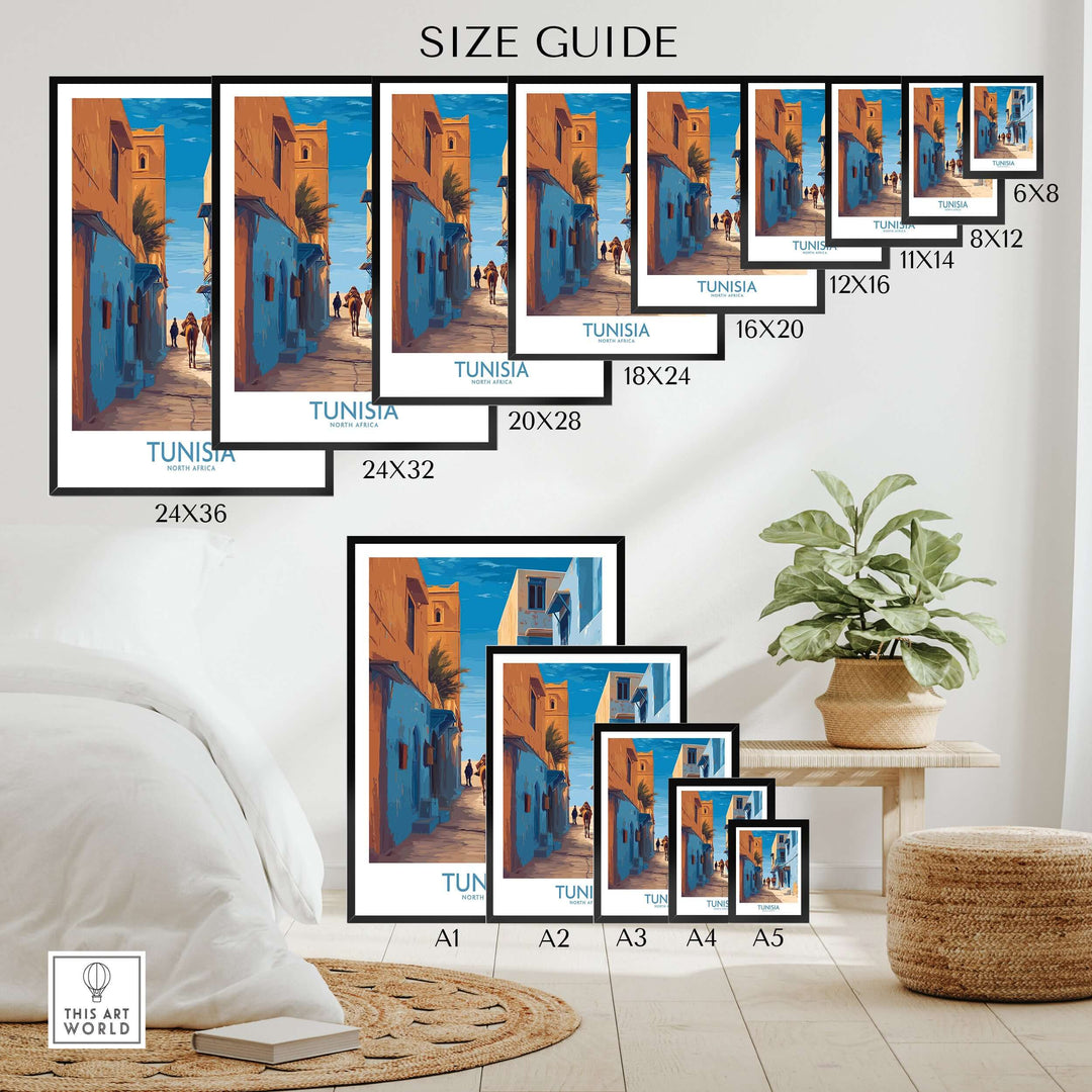 Size guide for Tunisia poster wall art showing various frame sizes and design details against a home backdrop.