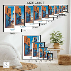 Tunisia Poster - North Africa Wall Art - Old Town Home Decor size guide with various frame sizes displayed.