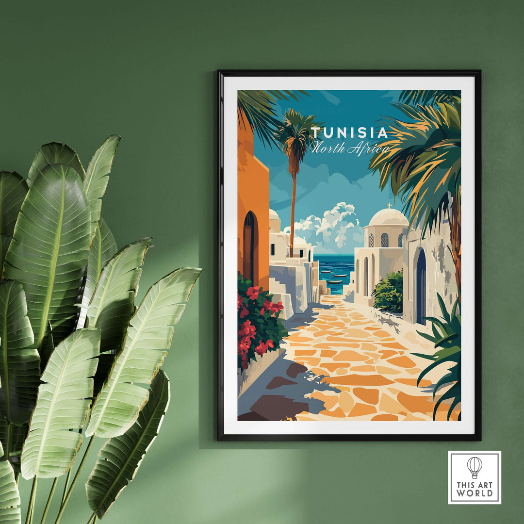 Tunisia poster featuring Sidi Bou Said's iconic architecture and coastal scenery, perfect for Mediterranean home decor.