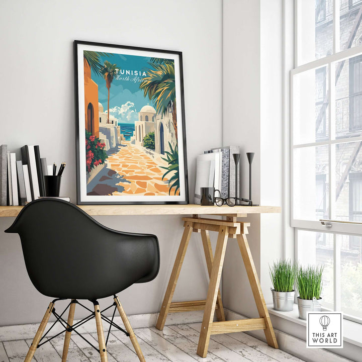 Tunisia art print of Sidi Bou Said mounted in a bright home office, showcasing Mediterranean decor and vibrant colors.