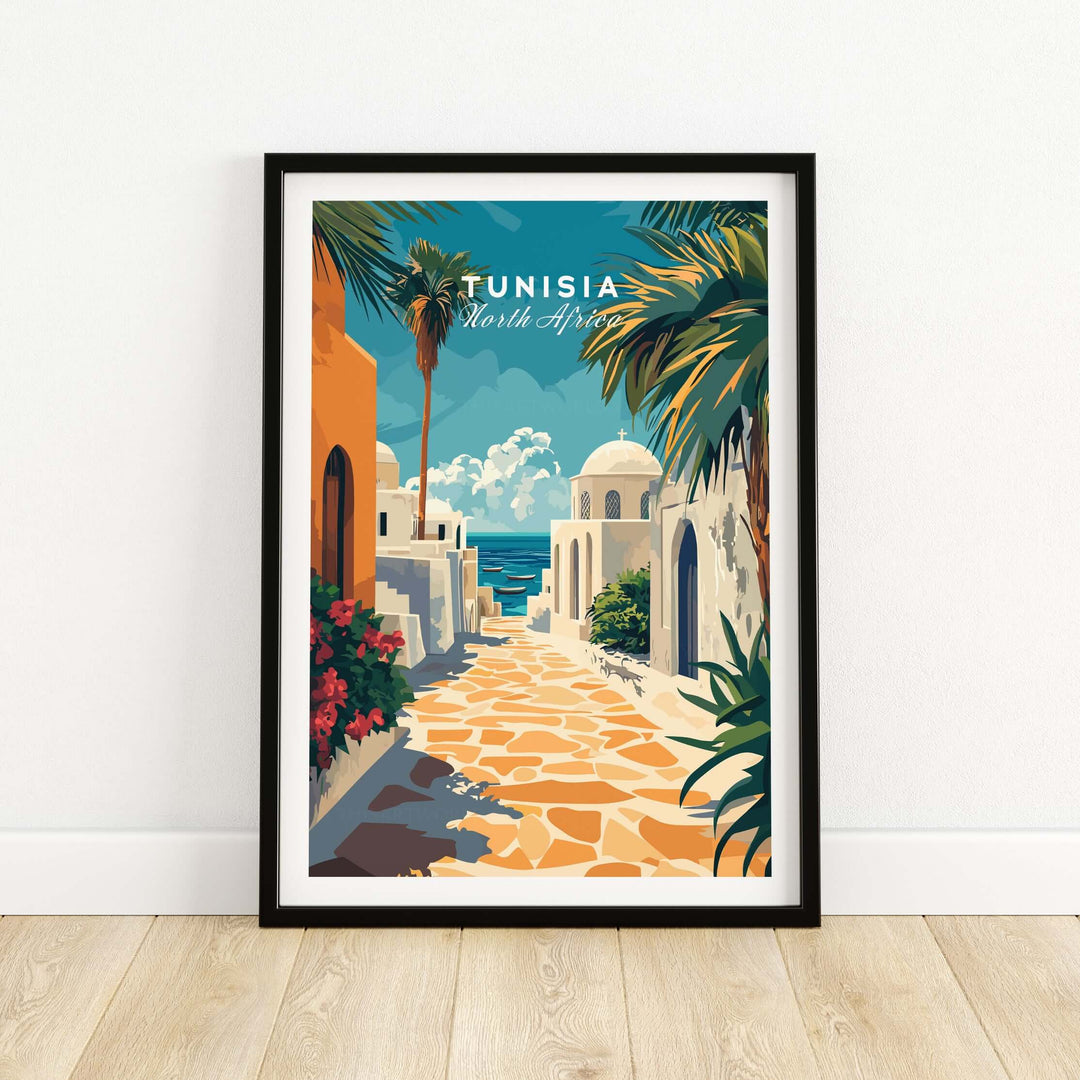 Colorful Tunisia art print featuring coastal Sidi Bou Said with vibrant architecture and Mediterranean scenery.