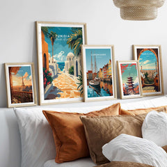 Tunisia Poster - Sidi Bou Said Art Print - Tunisian Wall Art - Mediterranean Home Decor displayed on a stylish wall.