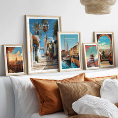 Tunisia Street Scene Print - Camels in the City Poster - Historic Town Wall Decor displayed in a cozy living room setting.