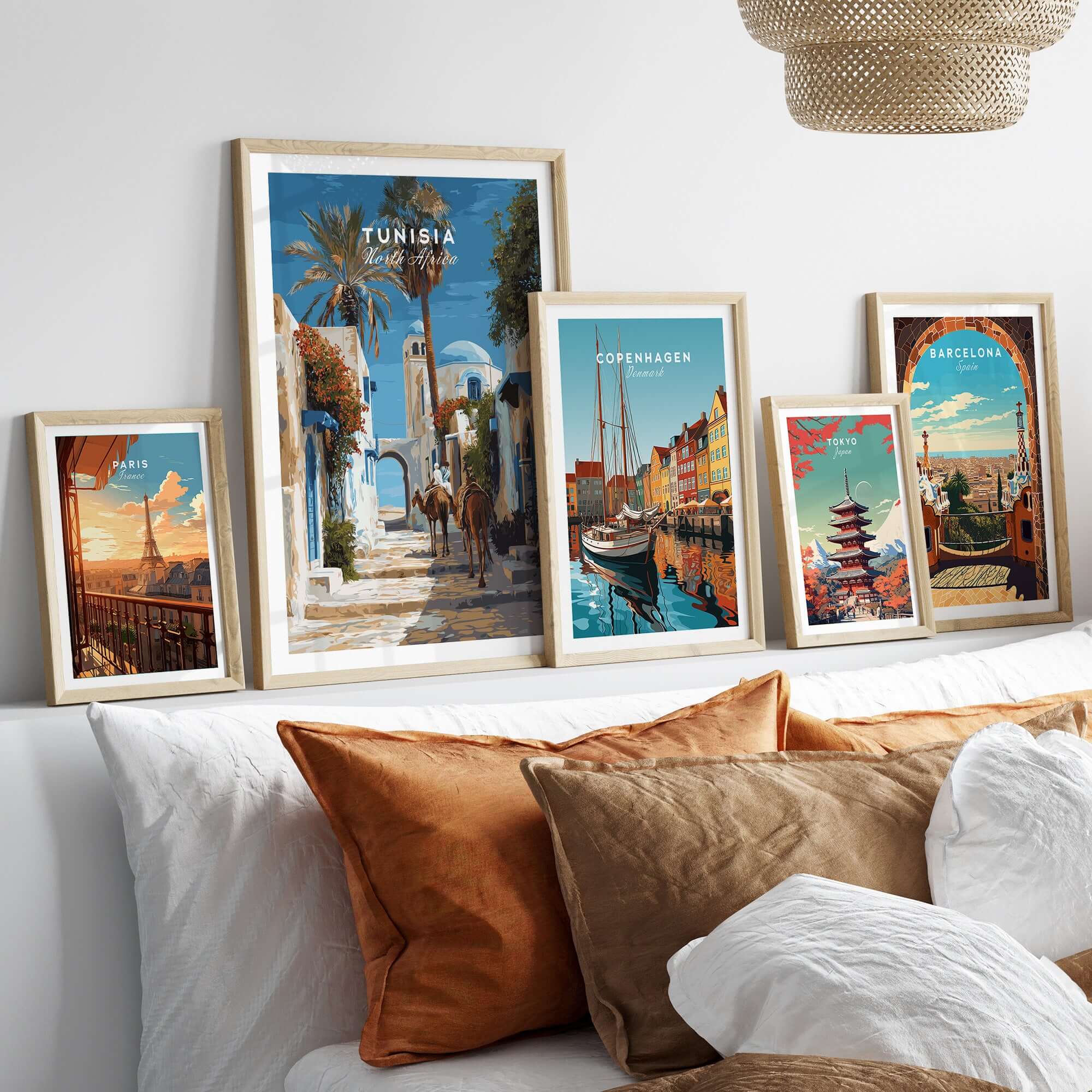 Tunisia Street Scene Print - Camels in the City Poster - Historic Town Wall Decor displayed in a cozy living room setting.