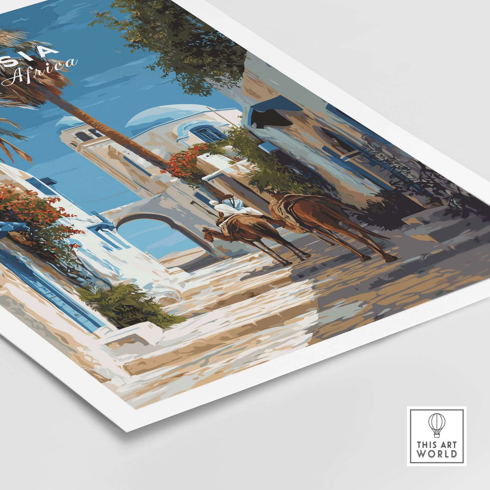 Tunisia street scene print featuring camels and vibrant architecture, perfect for wall decor.