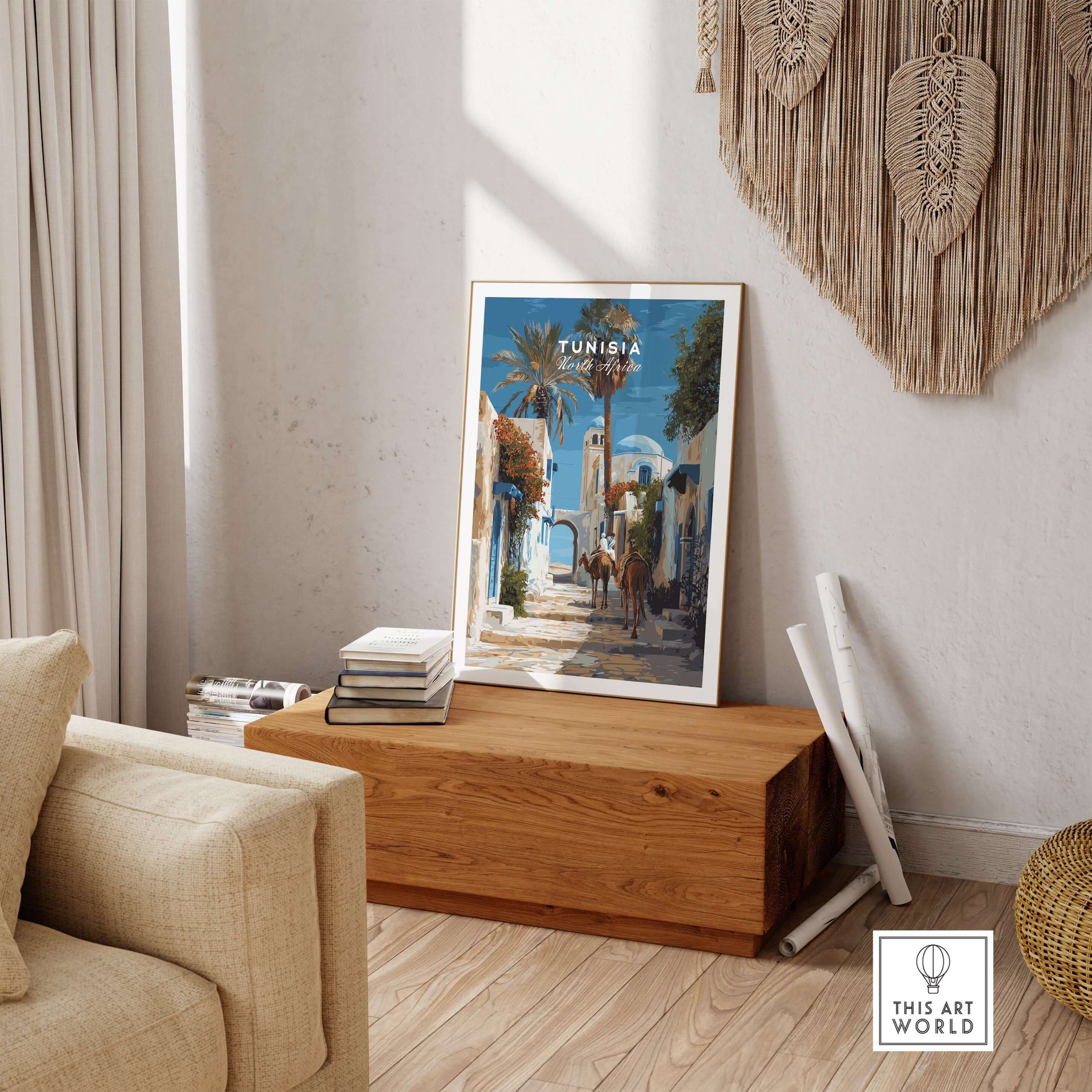 Tunisia Street Scene Print - Camels in the City Poster - Historic Town Wall Decor displayed in a cozy room.