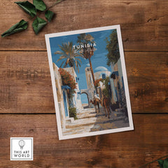Tunisia Street Scene Print - Camels in the City Poster - Historic Town Wall Decor showcasing camels in a traditional Tunisian street.