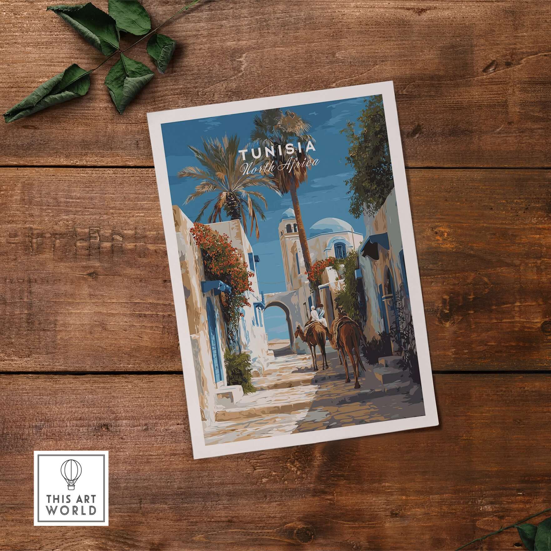 Tunisia Street Scene Print - Camels in the City Poster - Historic Town Wall Decor showcasing camels in a traditional Tunisian street.