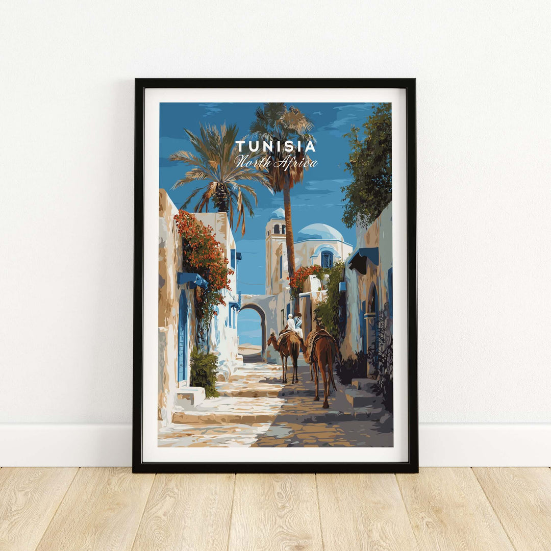 Tunisia street scene print featuring camels, vibrant architecture, and palm trees, perfect for historic wall decor.