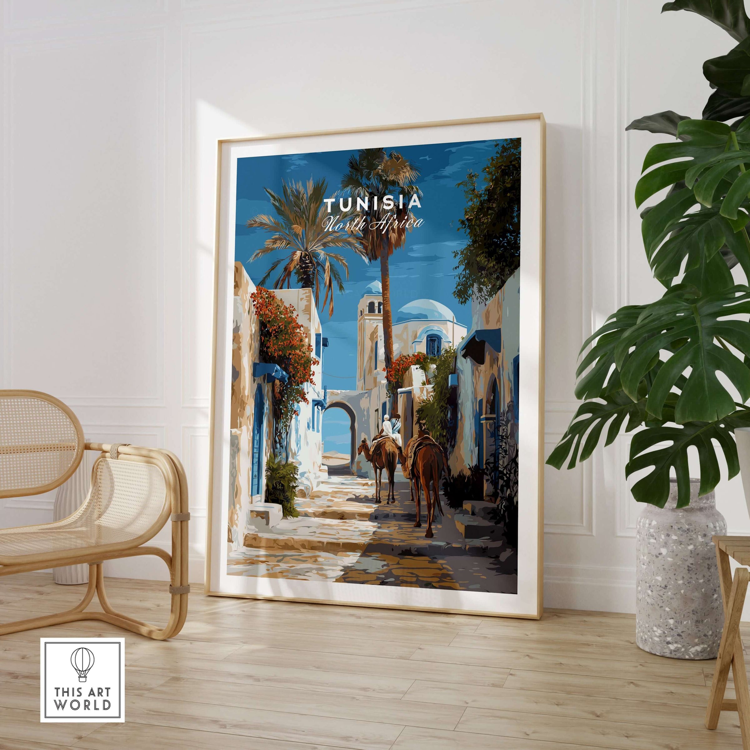 Tunisia Street Scene Print - Camels in the City Poster - Historic Town Wall Decor in a stylish interior setting.