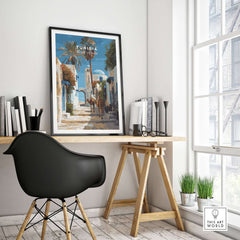 Tunisia Street Scene Print - Camels in the City Poster - Historic Town Wall Decor displayed in a modern interior.