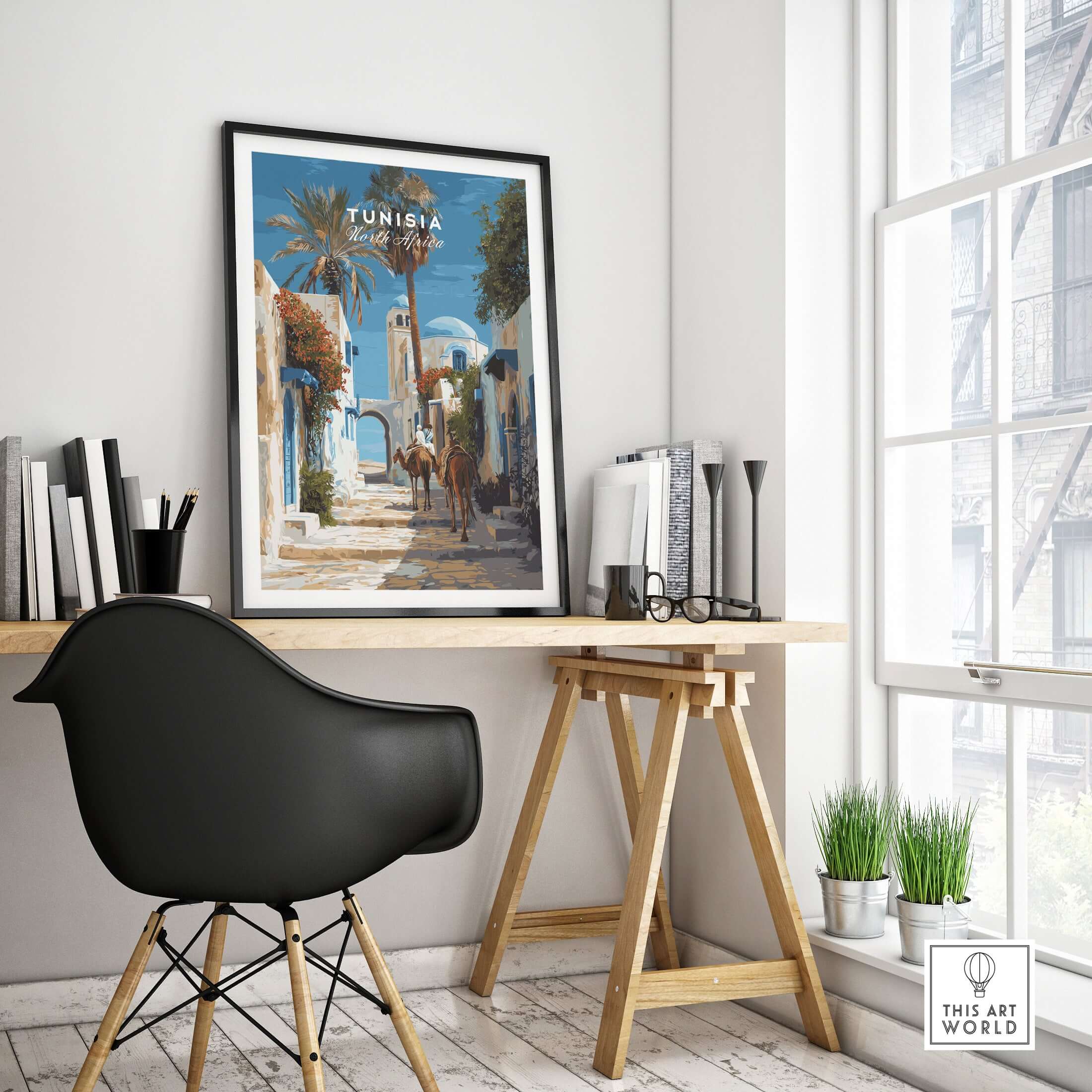 Tunisia Street Scene Print - Camels in the City Poster - Historic Town Wall Decor displayed in a modern interior.
