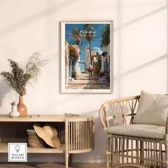 Tunisia Street Scene Print - Camels in the City Poster - Historic Town Wall Decor framed in a stylish interior setting.