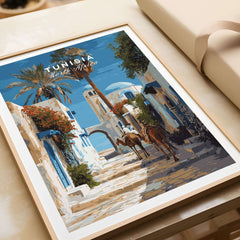 Tunisia Street Scene Print - Camels in the City Poster - Historic Town Wall Decor featuring camels in a vibrant street.