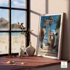 Tunisia Street Scene Print - Camels in the City Poster - Historic Town Wall Decor displayed in a sunlit room.