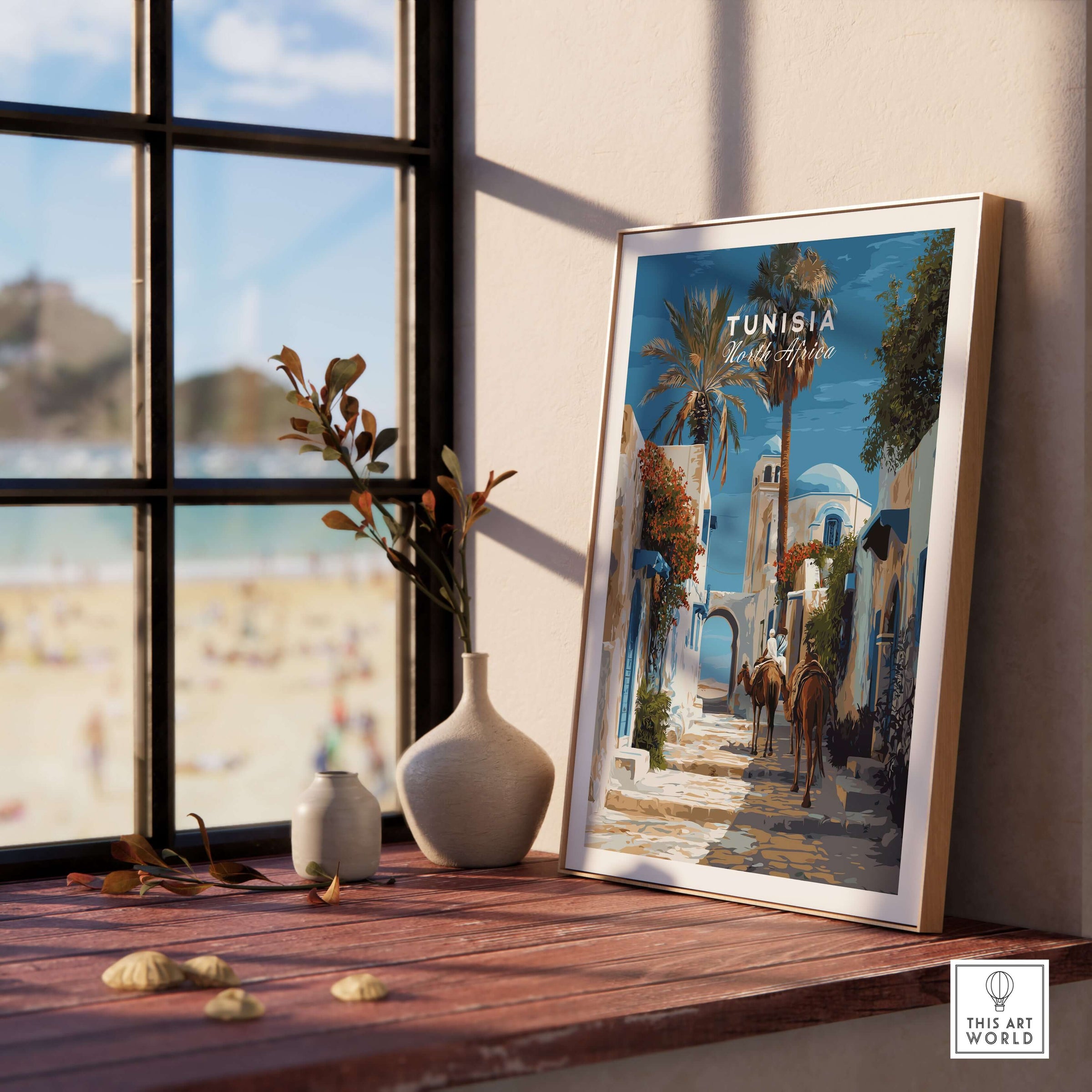 Tunisia Street Scene Print - Camels in the City Poster - Historic Town Wall Decor displayed in a sunlit room.