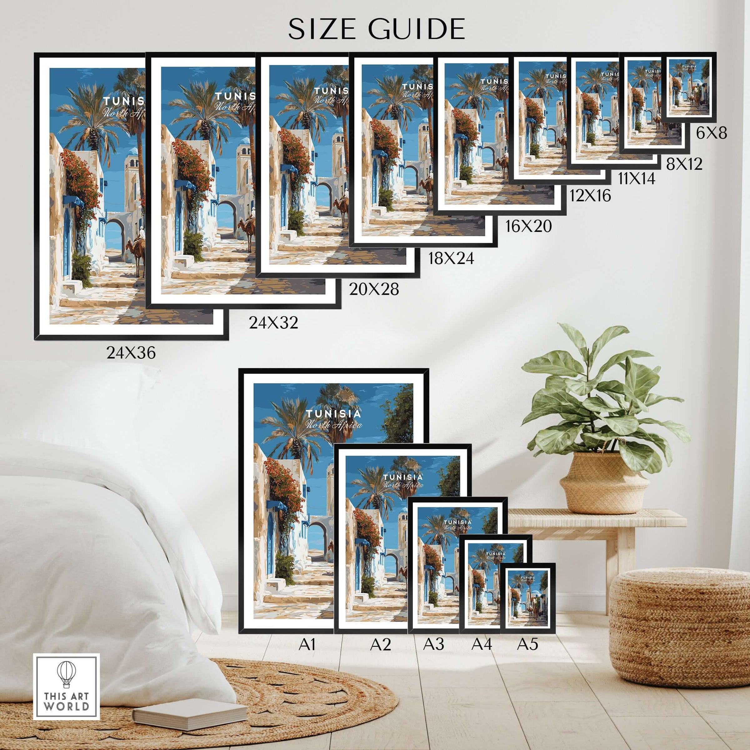 Size guide for Tunisia Street Scene Print - Camels in the City Poster - Historic Town Wall Decor