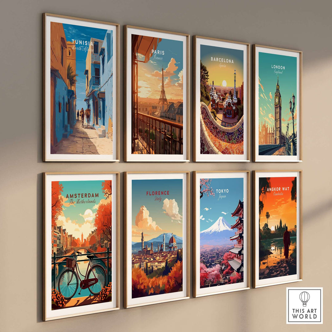 Gallery wall of travel prints featuring Tunisia, Paris, Barcelona, London, Amsterdam, Florence, Tokyo, and Angkor Wat.