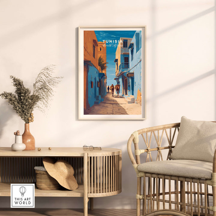 Tunisia travel print featuring vibrant cityscape in blue and orange tones, enhancing modern home decor.