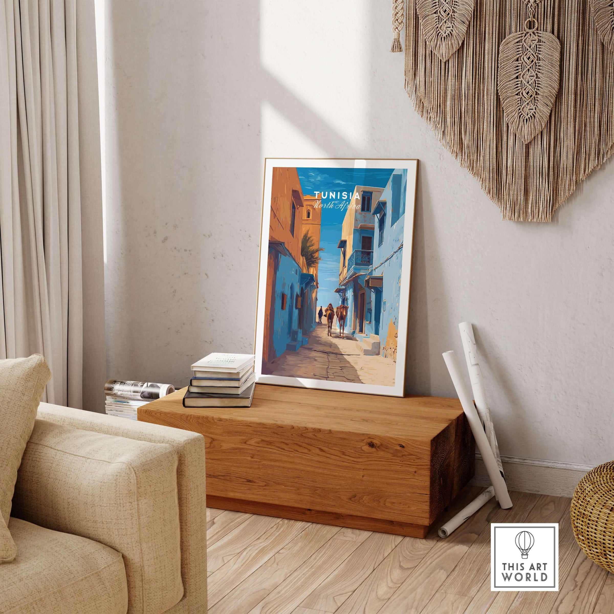 Tunisia Travel Print - Camels in City Poster - Middle Eastern Inspired Wall Art displayed in a cozy living room.