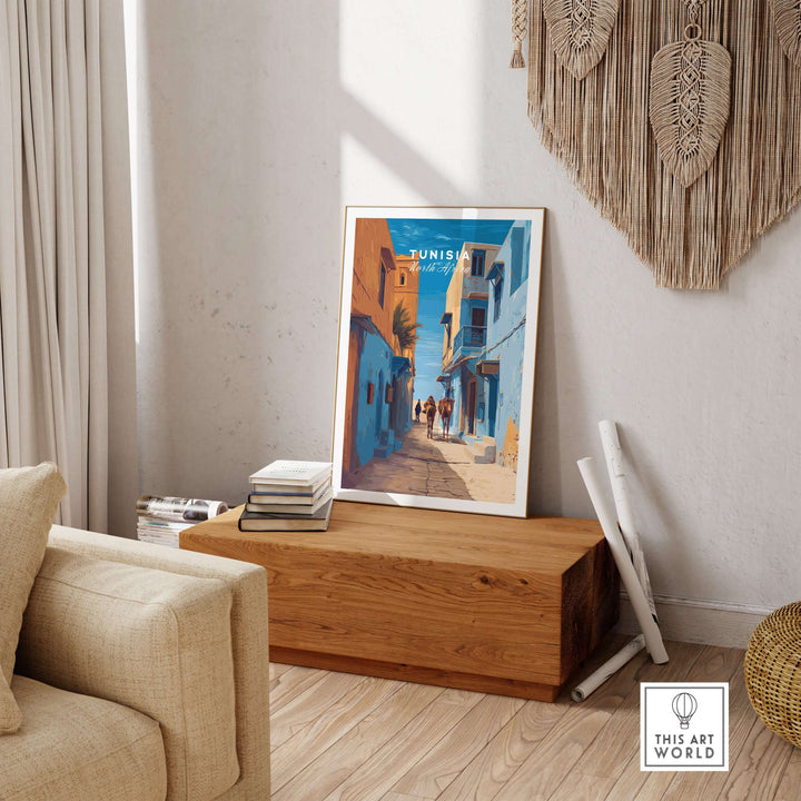 Tunisia travel print showcasing vibrant cityscape with camels, perfect for Middle Eastern inspired home decor.