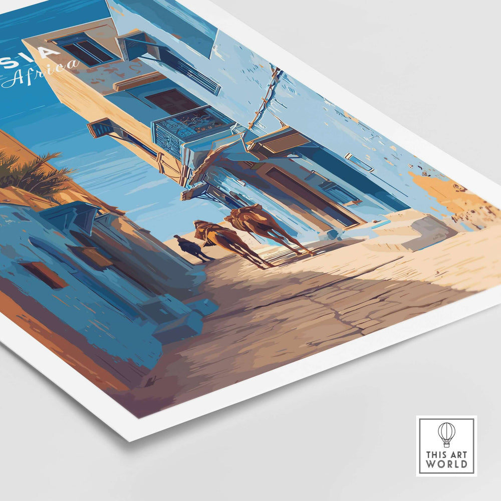 Tunisia travel print featuring camels in a vibrant blue cityscape, Middle Eastern inspired wall art.