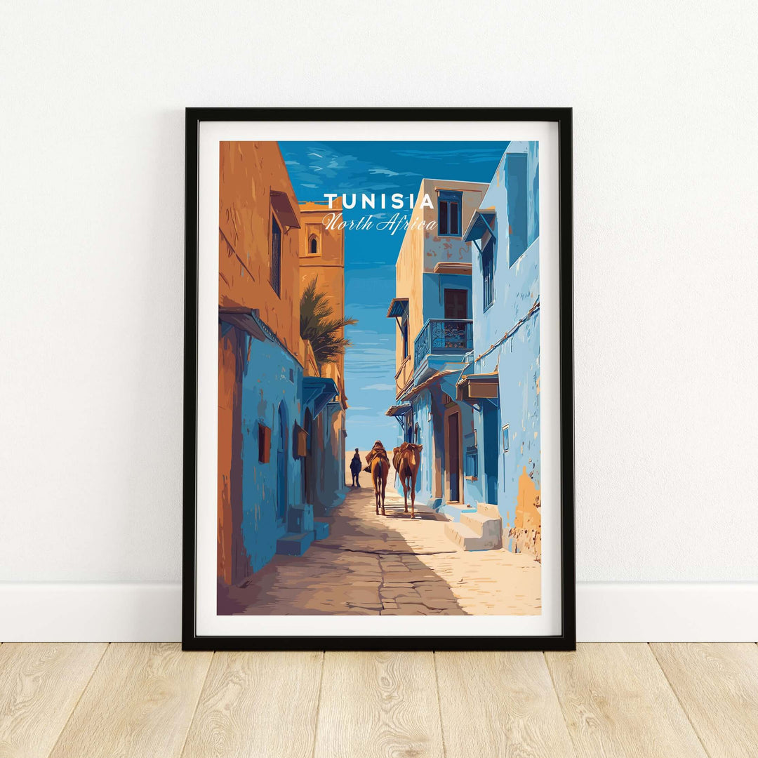 Tunisia travel print artwork featuring camels walking through a vibrant blue cityscape, perfect for wall decor.