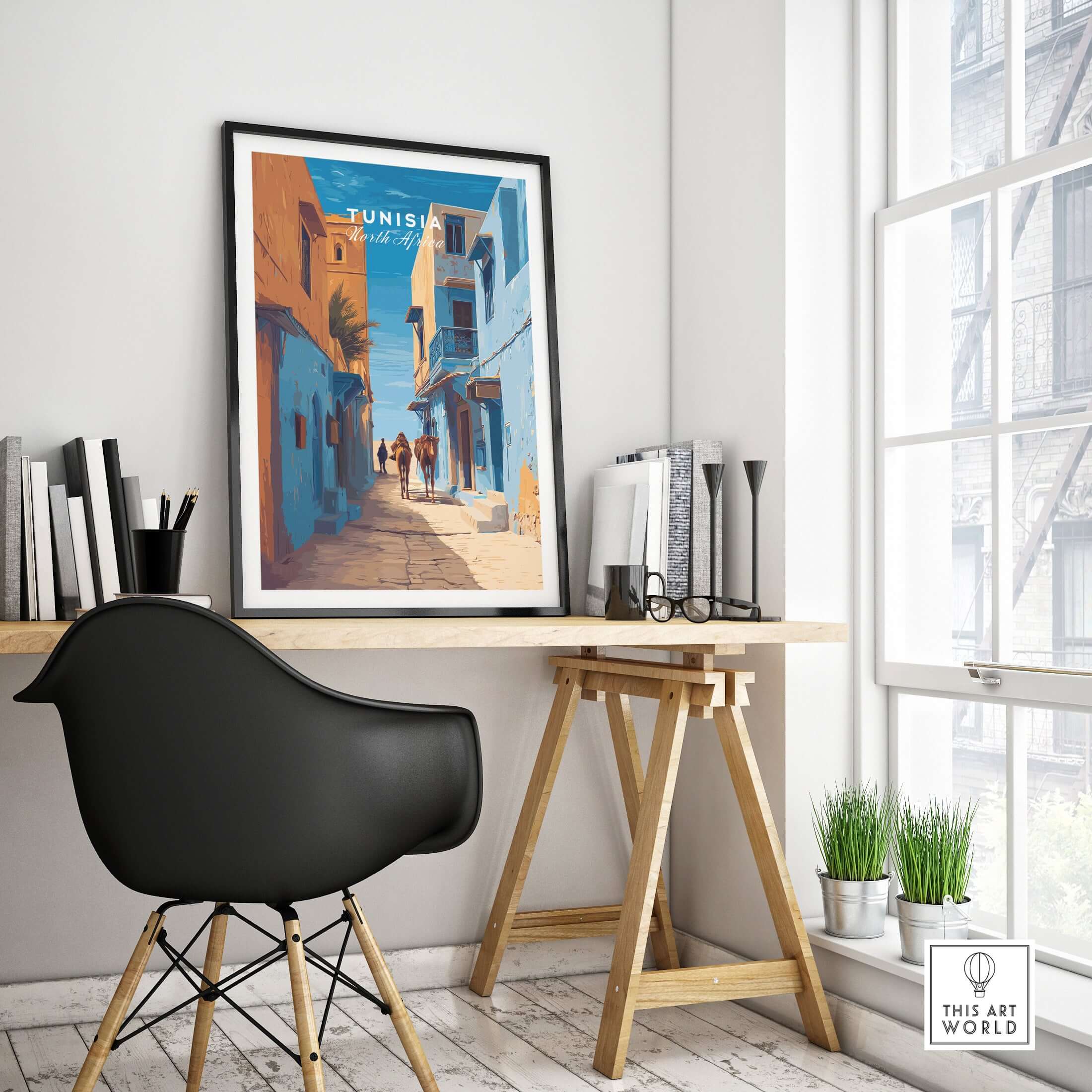 Tunisia Travel Print - Camels in City Poster - Middle Eastern Inspired Wall Art showcased in a stylish indoor setting.