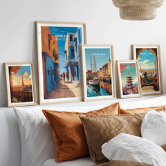 Tunisia Travel Print - Camels in City Poster - Middle Eastern Inspired Wall Art displayed in a cozy living room setting.