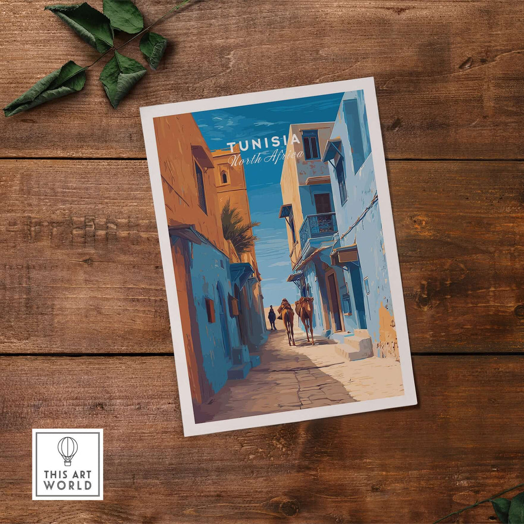 Tunisia travel print poster with camels walking through a vibrant cityscape, showcasing Middle Eastern inspired art.