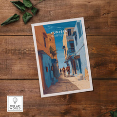 Tunisia Travel Print - Camels in City Poster - Middle Eastern Inspired Wall Art on wooden background.