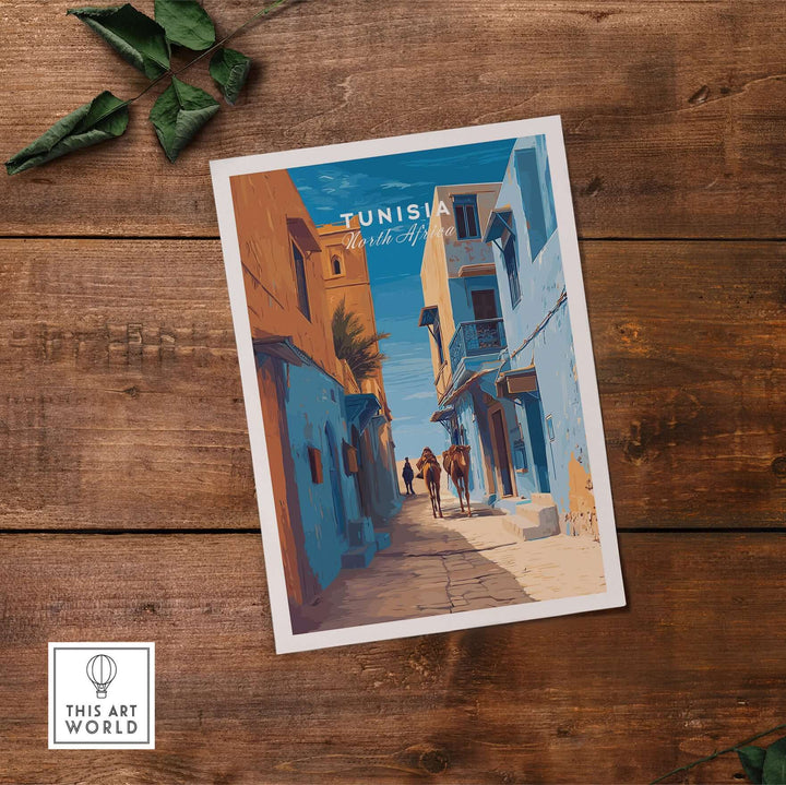 Tunisia travel print poster with camels walking through a vibrant cityscape, showcasing Middle Eastern inspired art.