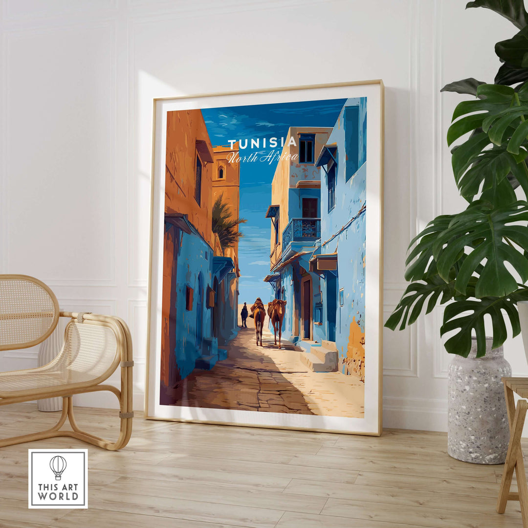 Tunisia travel print poster featuring vibrant blue buildings and people walking, perfect for Middle Eastern inspired decor.