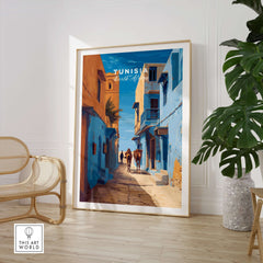 Tunisia Travel Print - Camels in City Poster - Middle Eastern Inspired Wall Art displayed in a stylish interior setting.