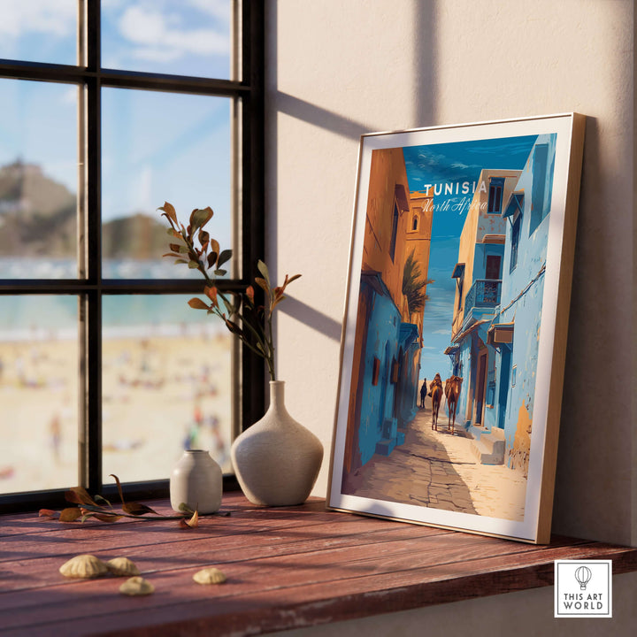 Tunisia travel print featuring vibrant cityscape with camels, framed on window sill, enhancing exotic decor.