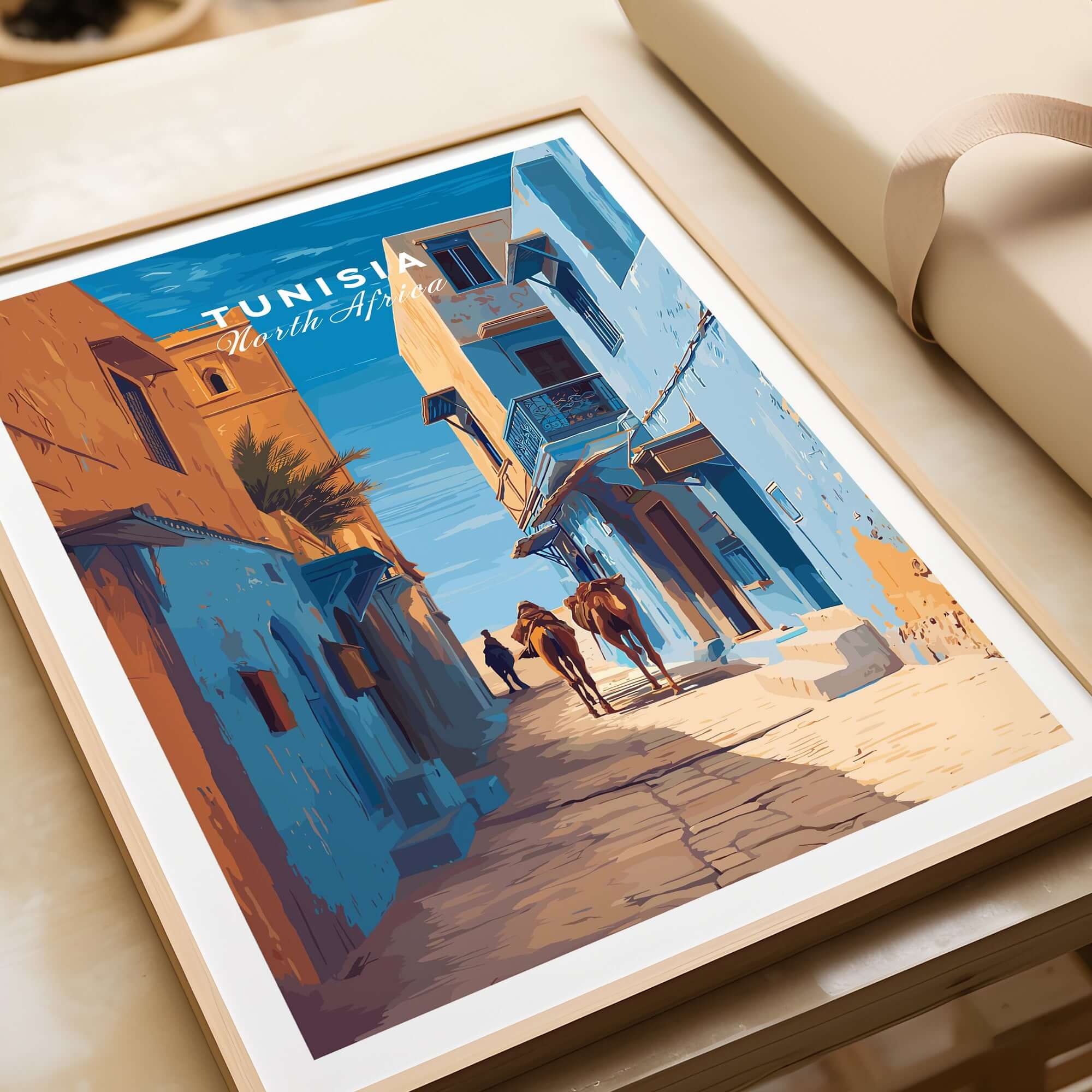 Tunisia Travel Print - Camels in City Poster - Middle Eastern Inspired Wall Art displayed on a table.