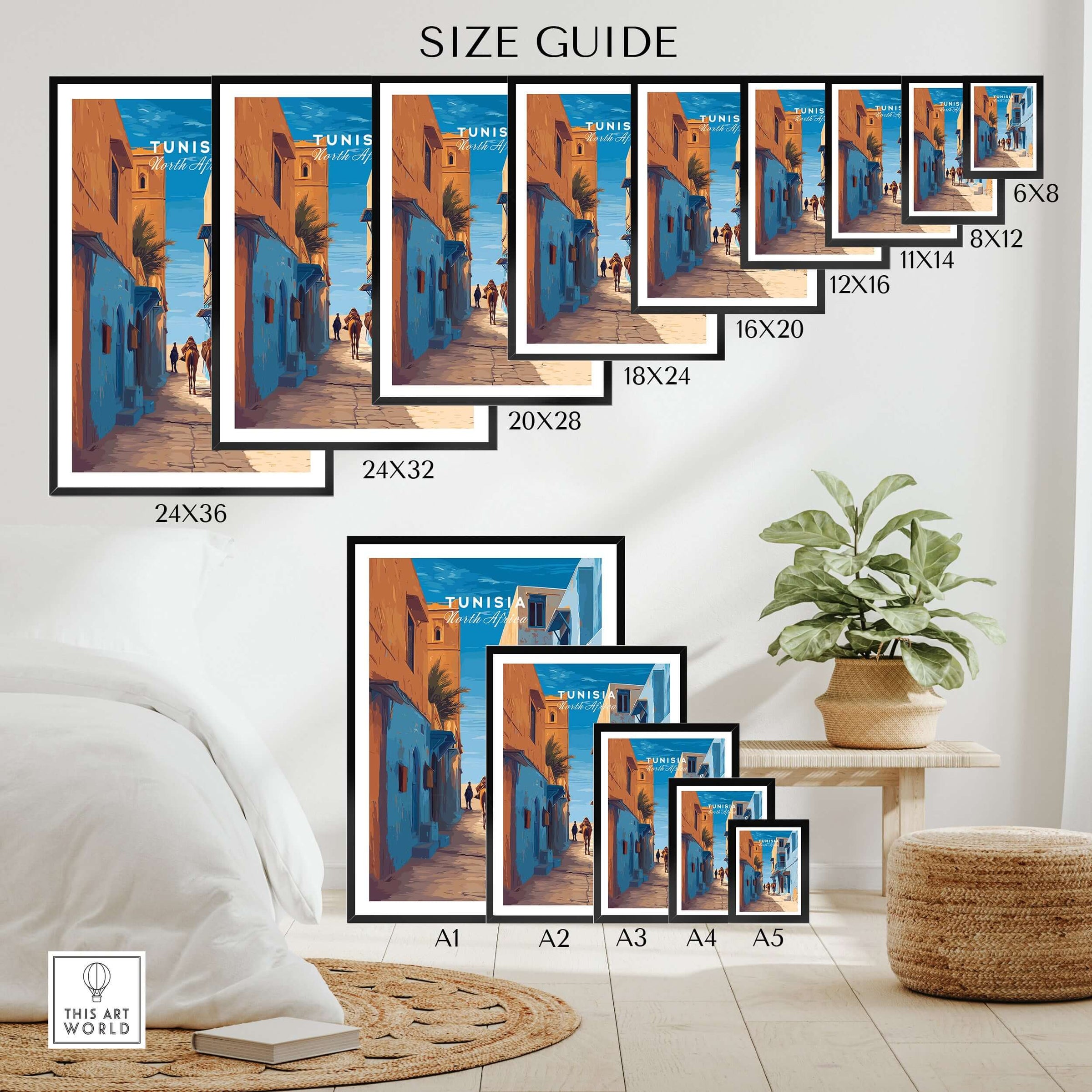 Tunisia Travel Print - Camels in City Poster - Middle Eastern Inspired Wall Art size guide shown with various print sizes and frames.